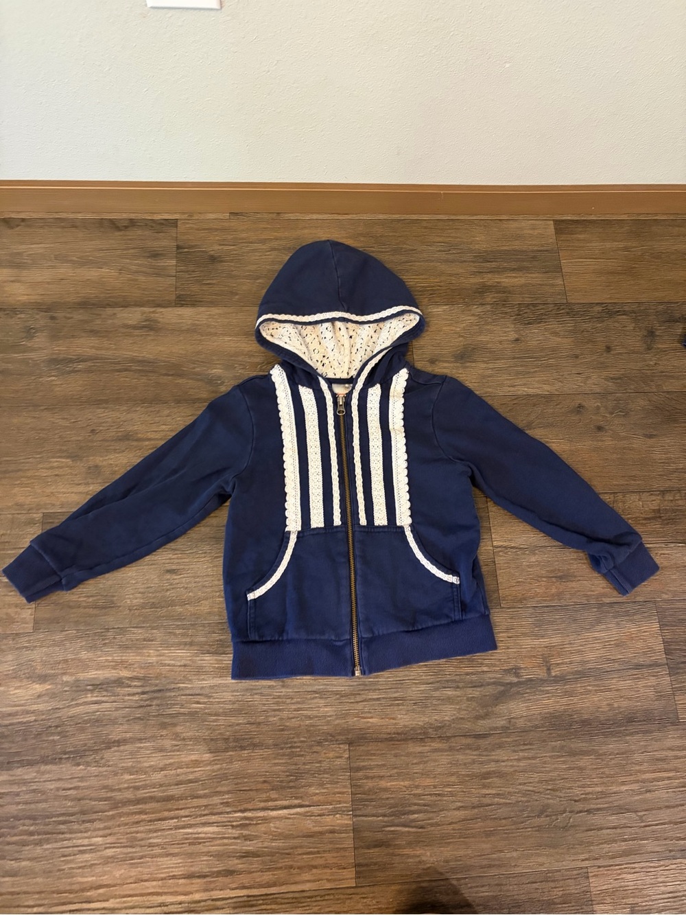 Vintage Hanna Andersson Girls Knit White Lace Accent Navy Zip-Up Hoodie Size 5